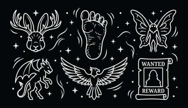 Mythical creatures and urban legends line art icons for mystery and storytelling