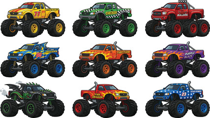 Colorful Monster Truck Collection Set with Racing Big Wheel Vehicles in Various Designs Including Dragon and Flame for Kids and Sport Designs © Mifta