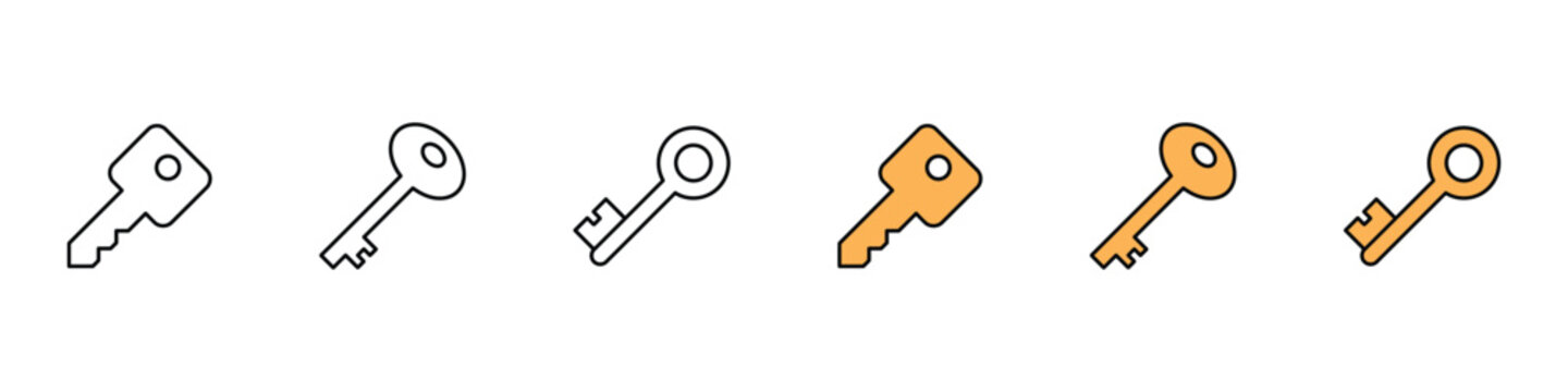 House key and digital security access icons. Vector illustration of flat orange property keys representing real estate unlock, secret code password, or safety solution symbol.
