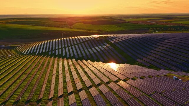 Bright solar panels cover rolling hills as the sun sets in the background. Fields stretch far with green grass and scattered clouds. The landscape shows a focus on clean energy production.
