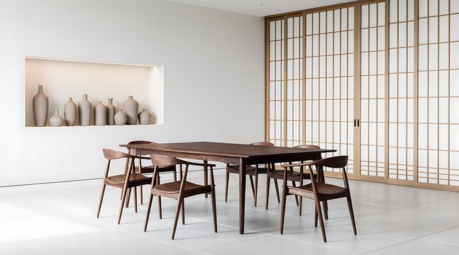 Elegant dining room with wooden table and chairs, minimalist interior design.
