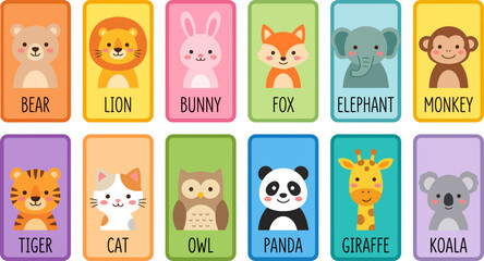 Fototapeta premium Set of cute colorful animal flashcards featuring various wild and domestic creatures for early childhood education and nursery room decor