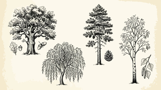 Vintage hand drawn trees collection, engraved oak pine willow and birch tree vector set, botanical forest illustrations for rustic landscaping design