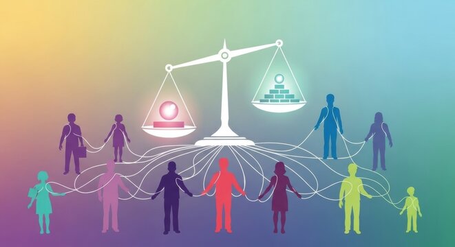 Diverse people connected to a balance scale representing equality and law