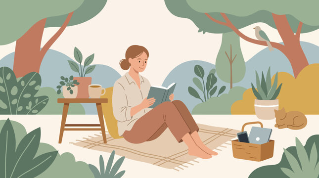 Flat design illustration of a freelancer or student working on a computer at a tidy desk, representing productive independent work and a flexible lifestyle