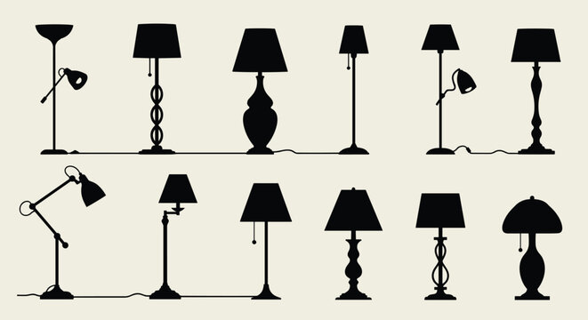 Set of black silhouettes showing various modern and classic floor and table lamp designs on a light background.