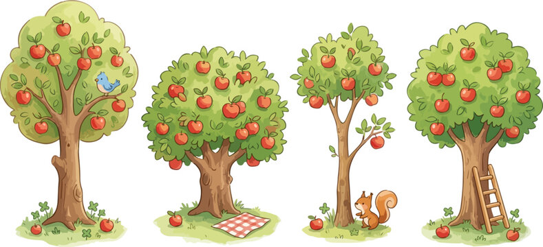 Watercolor apple tree collection, hand drawn orchard fruit trees with red apples, garden harvest vector set with squirrel and bird