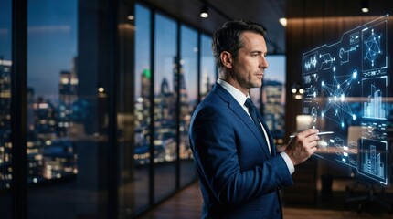 Fototapeta premium Business professional engaging with ai technology interface in modern office urban skyline view