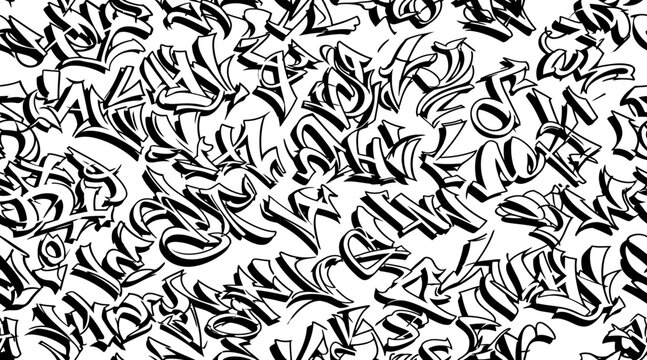 Seamless pattern with black and white graffiti letters and abstract street art calligraphy tags