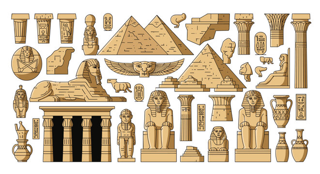 Detailed collection of ancient Egyptian icons including pyramids, the sphinx, statues, and historical artifacts.