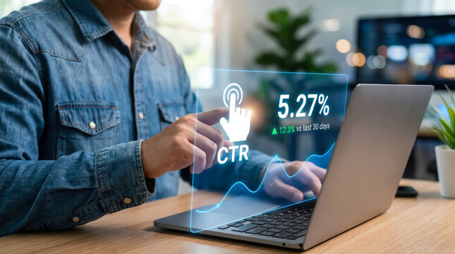 Businessman analyzing digital marketing data on laptop with holographic display showing ctr statistics