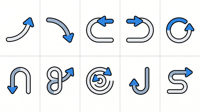 Collection of diverse circular, curved, and looping arrow icons for design and navigation elements