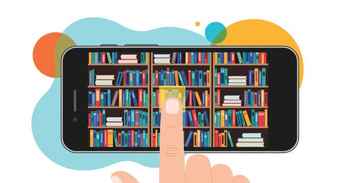 Human hand choosing a book from a large digital library collection displayed on a modern smartphone screen.