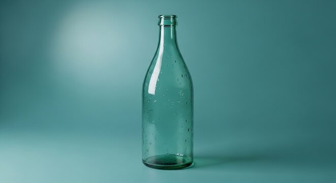 Transparent bottle on solid turquoise background studio shot