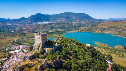 Zahara de la Sierra. Andalusia. Spain. Beautiful Drone Aerial Take of Castle, village and Reservoir. Grazalema Park © Ignacio