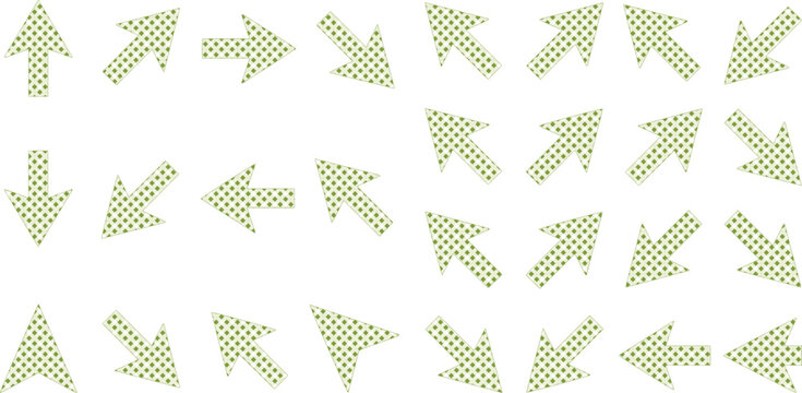 Retro checkered arrow icons set, green pixel pattern cursor collection, 24 geometric directional pointers for web design and gaming interfaces isolated on White Background