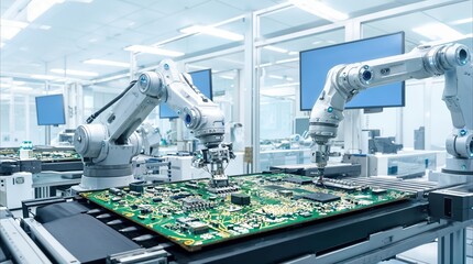 Fototapeta premium Precision robotic arms installing electronic components on a large circuit board. High-tech electronics manufacturing in a cleanroom laboratory facility.