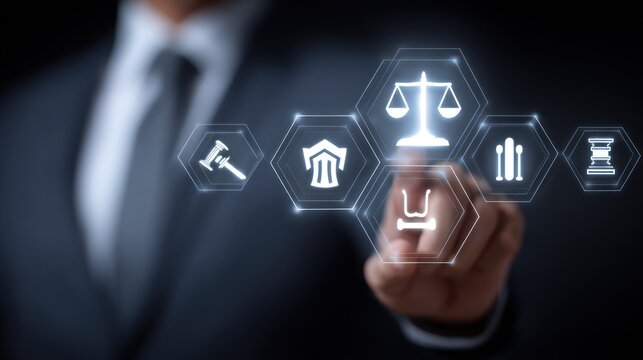 Professional person interacts with glowing icons representing various facets of jurisprudence and court systems on a digital interface