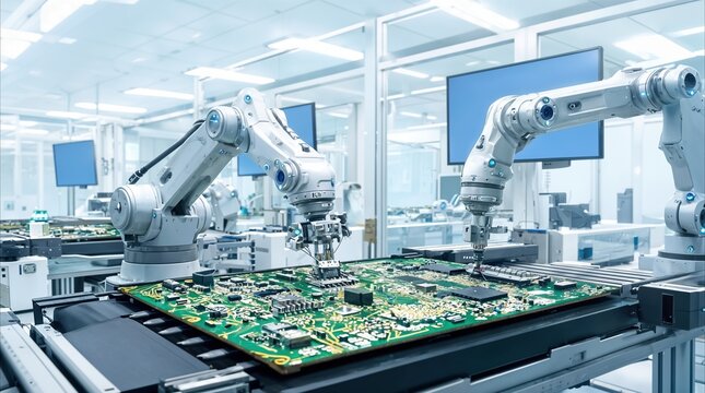 Precision robotic arms installing electronic components on a large circuit board. High-tech electronics manufacturing in a cleanroom laboratory facility.
