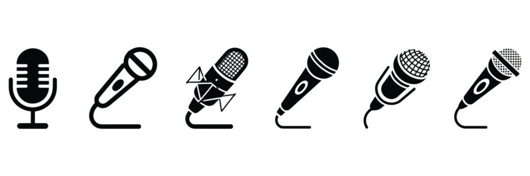 Microphone vector icons set flat and line style audio recording device symbol collection podcast music studio equipment illustration design