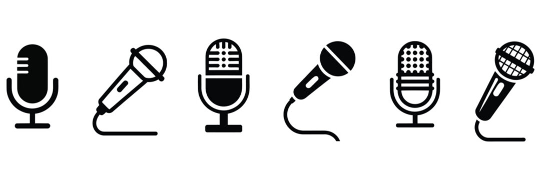 Microphone vector illustration icon collection flat and line style studio audio equipment recording voice sound symbols isolated design