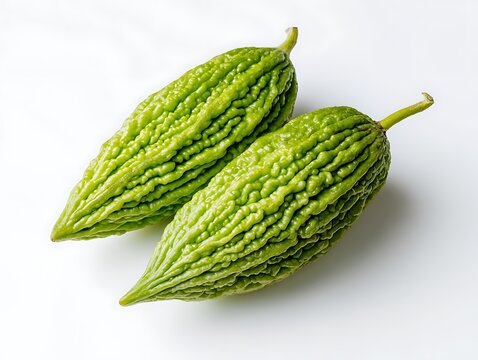 Two green bitter melons on white surface