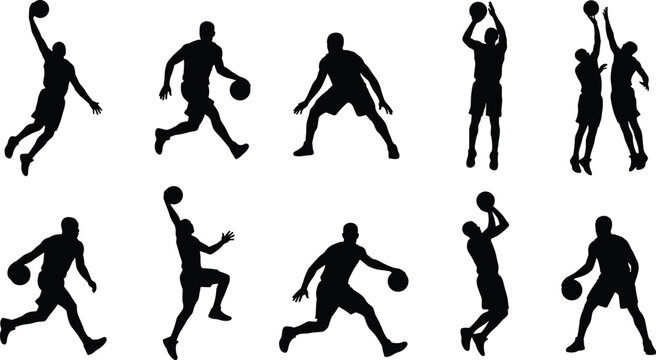 Basketball Player Silhouette Set with Dynamic Action Poses Including Dribbling, Shooting, and Jumping for Sports and Athletic Designs