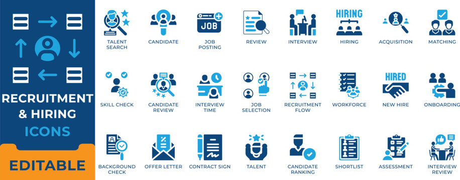 Recruitment and HR management icon set. Talent acquisition, job interview, candidate search, resume review, onboarding and employment vector symbols.