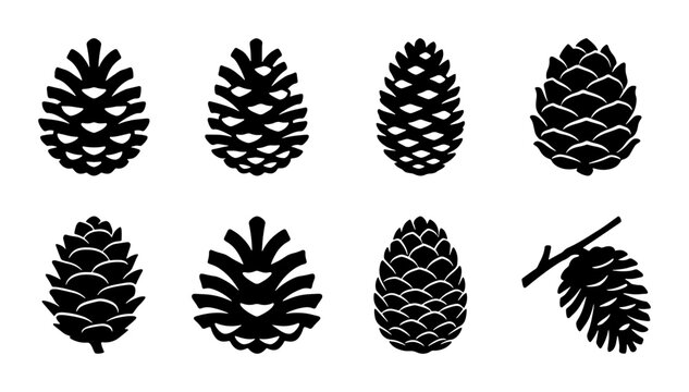 Set of 8 Black Pine Cone Vector Icons, Nature Elements, Forest Seed Pod Graphics, Winter Botanical Illustrations, Seasonal Decor
