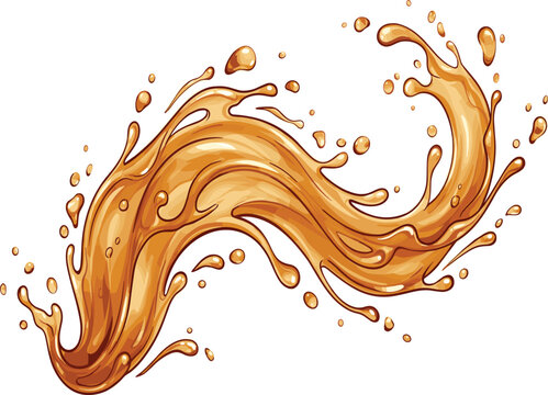 Liquid caramel splash wave vector illustration, sweet maple syrup flow with drops isolated on a white background
