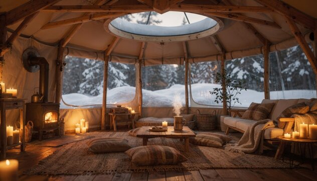 Intimate yurt space with circular skylight and rustic decor soft focus on snowy landscape beyond the canvas walls creating a serene winter vibe.
