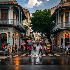 Obraz premium Rainy Historic Street with Pedestrian Crossing and Colonial Balconies in Old Town