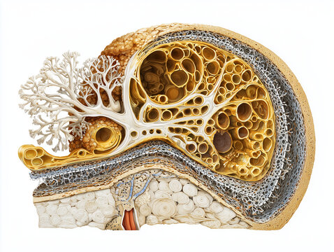 Human liver hepatic lobule anatomy illustration showing central vein sinusoid network hepatocyte plates portal vessels and lobular architecture in warm amber gold tones on white background
