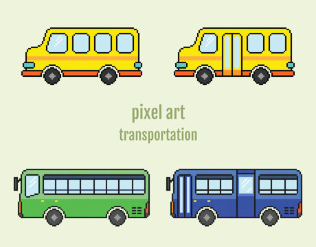 Transportation Pixel Art Icon Retro 8 Bit Style bus Illustration elements collection