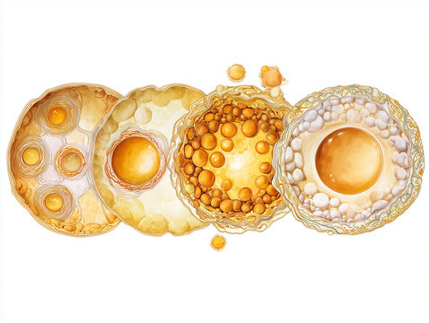 Human pancreatic acinar cell anatomy illustration showing exocrine gland cluster architecture with secretory cells zymogen granules and ductal organization in warm amber gold tones on white background