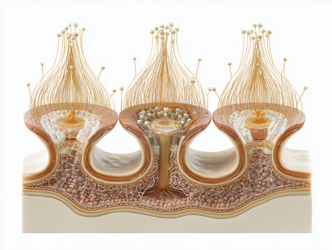 Human taste bud papilla anatomy illustration showing gustatory cell architecture chemoreceptor spindle cells and tongue surface organization in warm amber gold tones on white background
