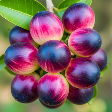 Fresh ripe purple governor plums hanging on a tree branch