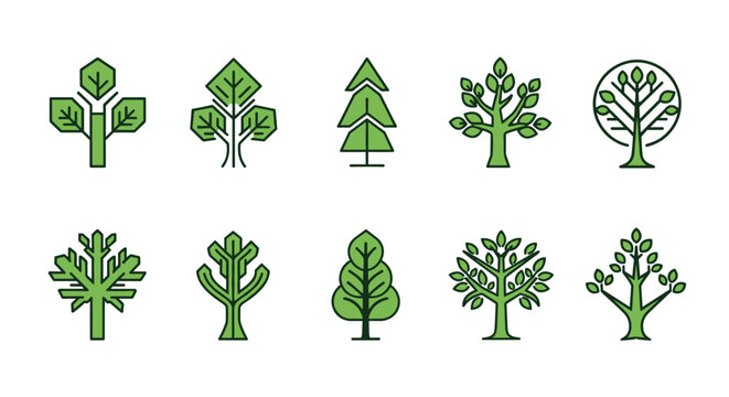 Set of ten stylized green tree icons uses geometric lines and simple shapes to represent different species for environmental graphics.
