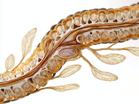 Human vagus nerve peripheral nervous system anatomy illustration showing myelinated axon fascicle architecture nerve bundle organization and autonomic neural detail in warm amber gold tones on white b