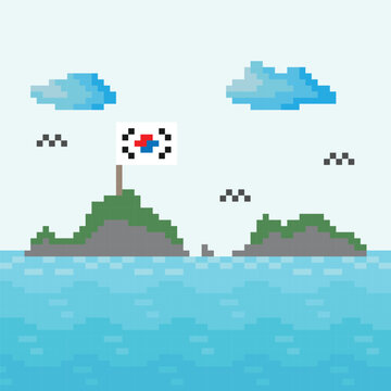 Korean Territory Dokdo Island Pixel Art Style Illustration