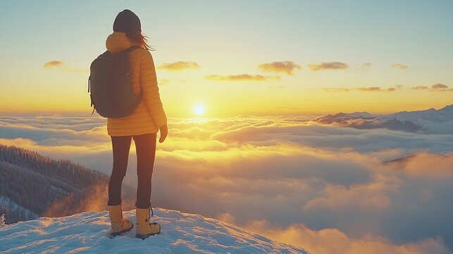 A solitary hiker stands on a snowbound mountain ridge, gazing toward the sunrise above a sea of clouds
