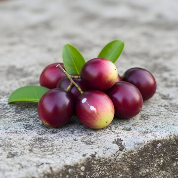 Fresh purple carunda fruits with green leaves on stone