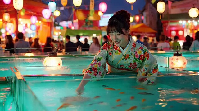 伝統的な衣装を着た女性が,現代生活と個人の成長を象徴する魚と触れ合っている。