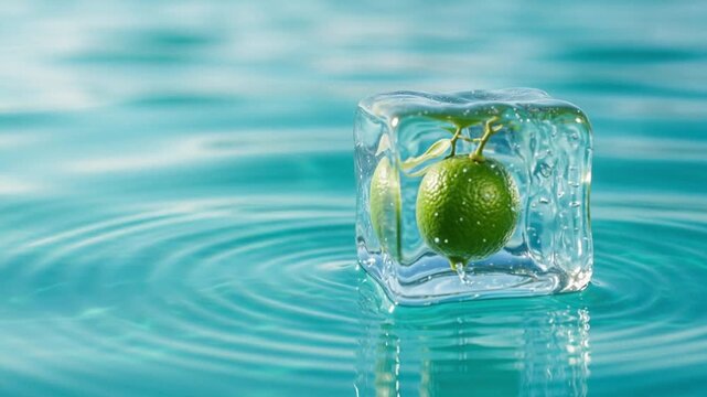 Frozen lime inside melting ice cube floating on tropical water, refreshing summer background
