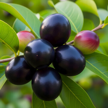 Fresh purple jamun fruits growing on a tree branch