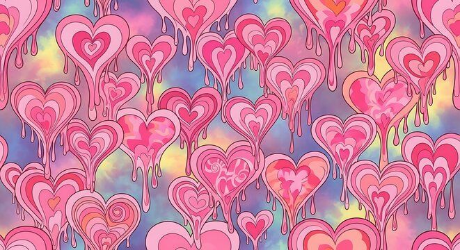 Pink Melting Heart Pattern Floating on Colorful Pastel Background