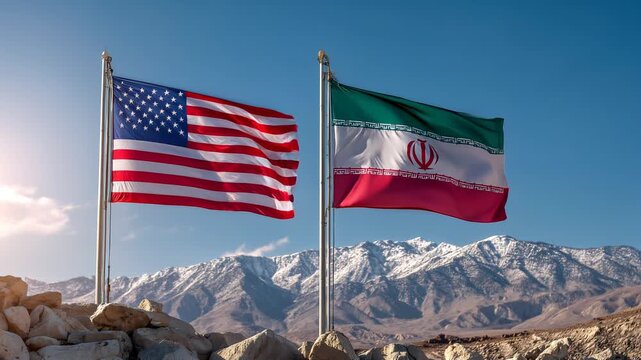 us flag waving next to iranian flag in blue sky in the mountains. relations usa iran