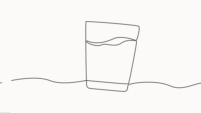 self drawing of continuous line draw Glass of water. Full length one line animation, continuous line drawing of a glass of a cold beverage with ice and a straw vector illustration