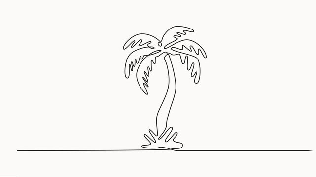 self drawing of one continuous line draw beauty and exotic date palm tree, Decorative cocos nucifera, beach palm tree family concept for greeting hello summer, Full length one line animation