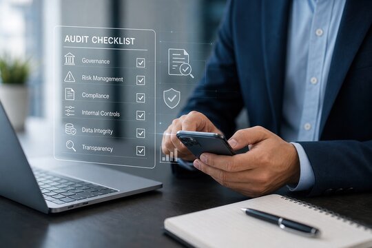 Audit checklist implementation office setting digital content professional environment close-up view compliance management